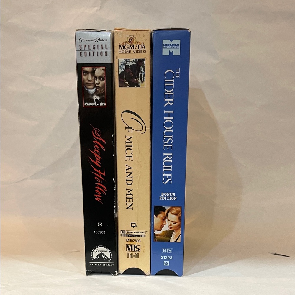 VHS Movie set: Sleepy Hollow, the Cider House Rules, and Of Mice and Men